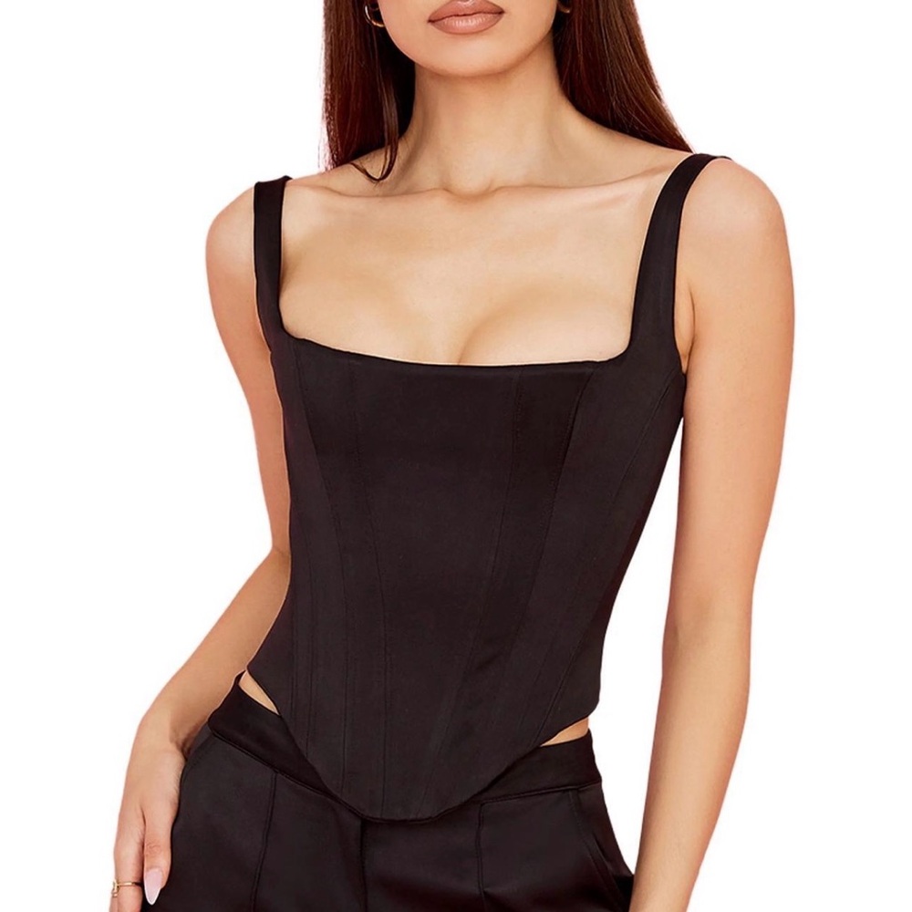HOUSE OF CB Rafa Black Satin Longline Corset Top